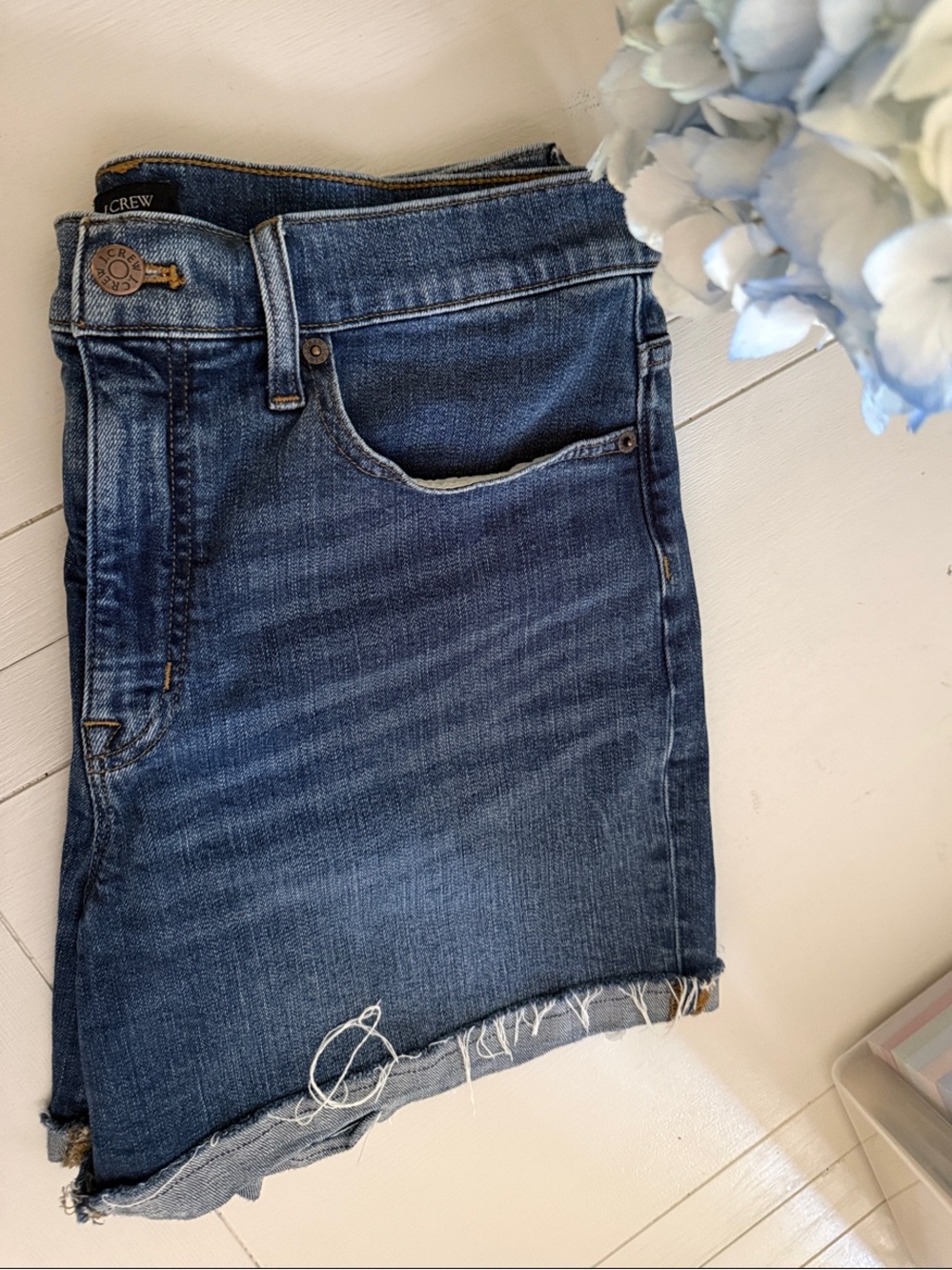 J. Crew Factory High-Waisted Indigo Denim Frayed Hem Jean Shorts